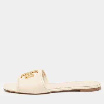 Pre Owned Tory Burch Cream Leather Eleanor Flat Slides Size 39.5