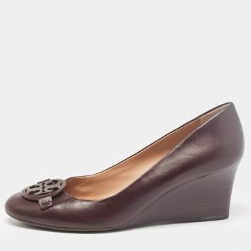 Pre Owned Tory Burch Burgundy Leather Wedge Pumps Size 40