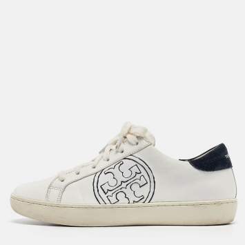 Pre Owned Tory Burch White/Navy Blue Leather and Suede T-Logo Sneakers Size 38
