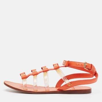 Pre Owned Tory Burch Orange Leather And PVC Kira Flat Sandals Size 37.5