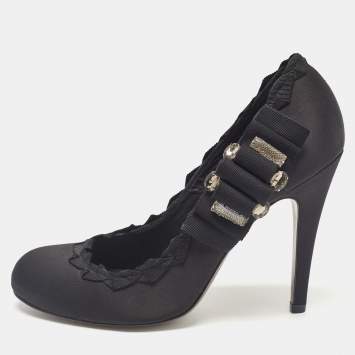Pre Owned Tory Burch Black Satin Embellished Bow Pumps Size 41