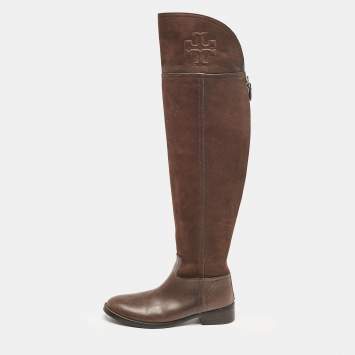 Pre Owned Tory Burch Brown Leather Over The Knee Boots Size 35.5