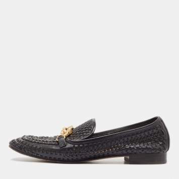 Pre Owned Tory Burch Black Woven Leather Jessa Loafers Size 38.5