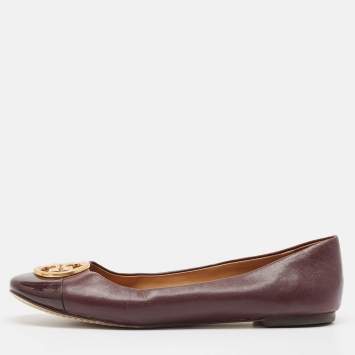 Pre Owned Tory Burch Burgundy Leather and Patent Cap Toe Chelsea Ballet Flats Size 40