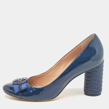 Pre Owned Tory Burch Blue Patent Leather Janey Block Heel Pumps Size 40