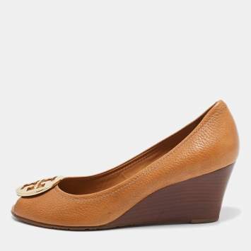 Pre Owned Tory Burch Brown Leather Sally 2 Wedge Pumps Size 39