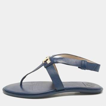 Pre Owned Tory Burch Navy Blue Leather Gigi Thong Flat Sandals Size 38.5