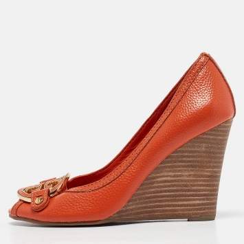 Pre Owned Tory Burch Orange Leather Wedge Sandals Size 37