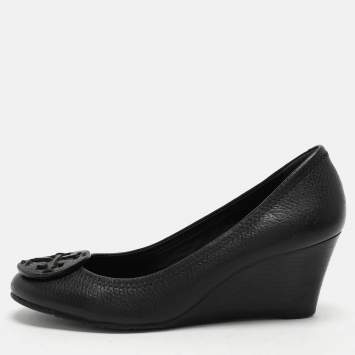 Pre Owned Tory Burch Black Leather Sally Wedge Pumps Size 36.5