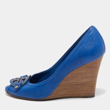 Pre Owned Tory Burch Blue Leather Amanda Wedge Pumps Size 41.5