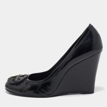 Pre Owned Tory Burch Black Patent Leather Wedge Pumps Size 38
