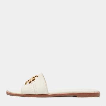 Pre Owned Tory Burch White Leather Everly Flat Slides Size 38.5