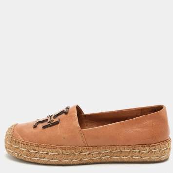 Pre Owned Tory Burch Brown Leather Espadrille Flats Size 37
