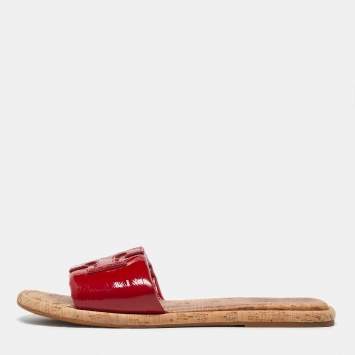Pre Owned Tory Burch Red Patent Leather Logo Flat Sandals Size 39.5