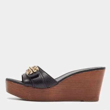 Pre Owned Tory Burch Black Leather Elina Wedge Slide Sandals Size 38