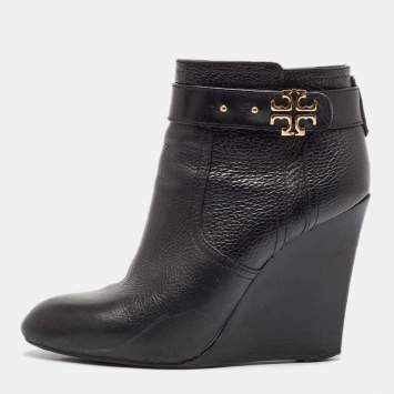 Pre Owned Tory Burch Black Leather Wedge Ankle Length Boots Size 39