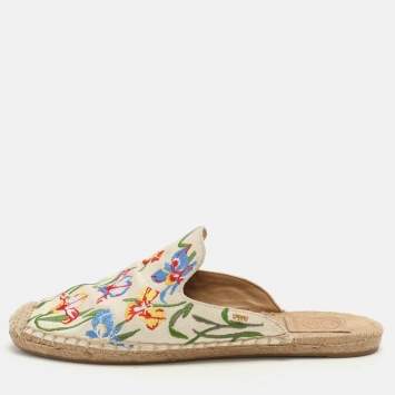 Pre Owned Tory Burch Multicolor Floral Embroidered Canvas Espadrille Mules Size 37.5