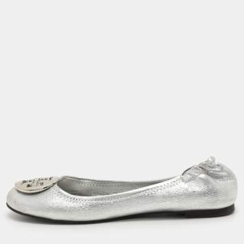 مملوكة مسبقًا Tory Burch Silver Leather Minnie Ballet Flats 37.5