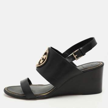 Pre Owned Tory Burch Black Leather Metal Miller Slingback Wedge Sandals Size 39