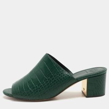 Pre Owned Tory Burch Green Croc Embossed Leather Martine Slide Sandals Size 39
