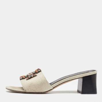 Pre Owned Tory Burch Off White Canvas Ines Slide Sandals Size 40