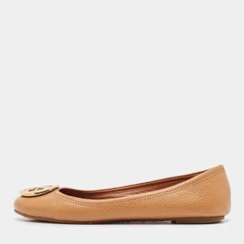 Pre Owned Tory Burch Brown Leather Reva Ballet Flats Size 38