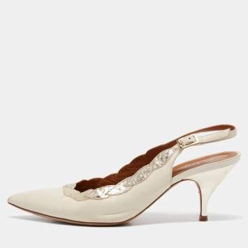 Pre Owned Tory Burch Cream Leather and Embossed Snakeskin Slingback Pumps Size 39