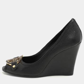 Pre Owned Tory Burch Black Leather Leticia Wedge Pumps Size 37