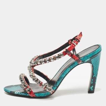 Pre Owned Tory Burch Multicolor Snakeskin Embossed Leather Crystal Embellished Sandals Size 38