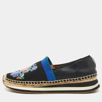 Pre Owned Tory Burch Black/Blue Leather and Knit Fabric Floral Print Espadrille Flats Size 39.5