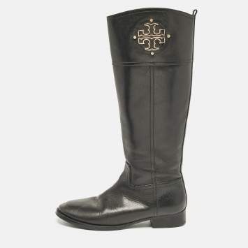 Pre Owned Tory Burch Black Leather Knee Length Boots Size 39.5