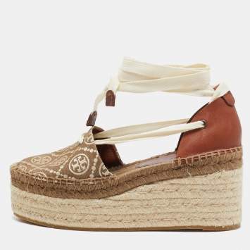 مملوكة مسبقًا Tory Burch Brown/Beige Canvas and Leather Wedge Sandals Size 37.5