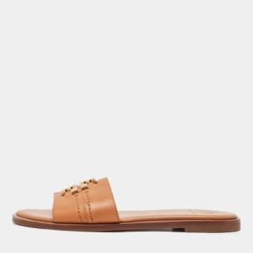 مملوكة مسبقًا Tory Burch Brown Leather Everly Flat Slides Size 37.5