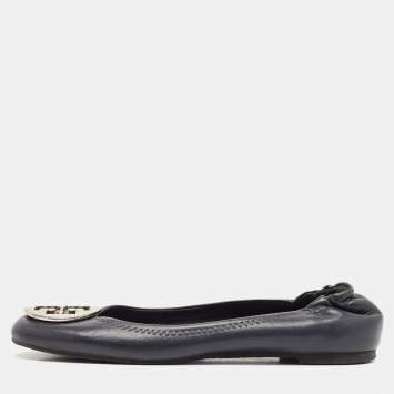 Pre Owned Tory Burch Black Leather Reva Logo Ballet Flats Size 39