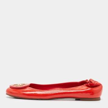 Pre Owned Tory Burch Red Patent Leather Reva Scrunch Ballet Flats Size 38.5