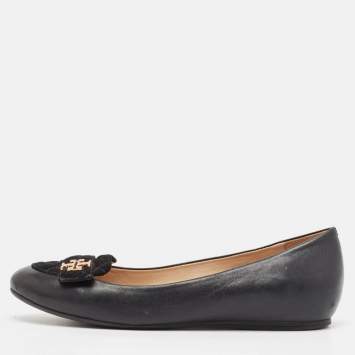 Pre Owned Tory Burch Black Leather and Suede Leila Loafers Size 37.5