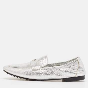 Pre Owned Tory Burch Silver Leather Ballet Loafers Size 38.5