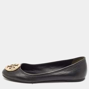 Pre Owned Tory Burch Black Leather Reva Ballet Flats Size 38.5