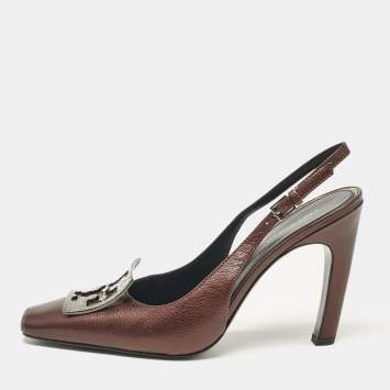 Pre Owned Tory Burch Brown Leather Pave Logo Cut Out Slingback Pumps Size 38.5