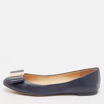 Pre Owned Tory Burch Navy Blue Leather Bow Chase Ballet Flats Size 40.5