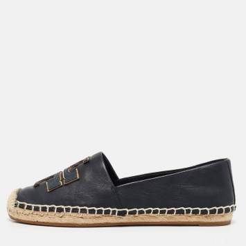 Pre Owned Tory Burch Navy Blue Leather Ines Espadrille Flats Size 36.5