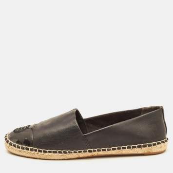 مملوكة مسبقًا Tory Burch Black Leather Logo Cap Toe Espadrille Flats Size 39