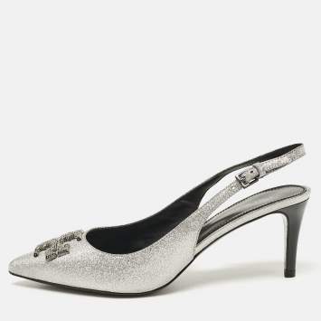Pre Owned Tory Burch Silver Glitter Eleanor Slingback Pumps Size 38