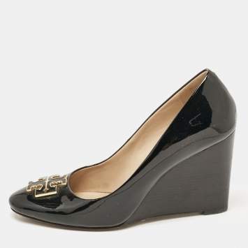 Pre Owned Tory Burch Black Leather Leticia Wedge Pumps Size 37