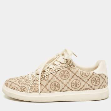 Pre Owned Tory Burch Beige Canvas and Leather T Monogram Lace Up Sneakers Size 38