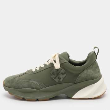 Pre Owned Tory Burch Green Suede and Fabric Good Luck Low Top Sneakers Size 40