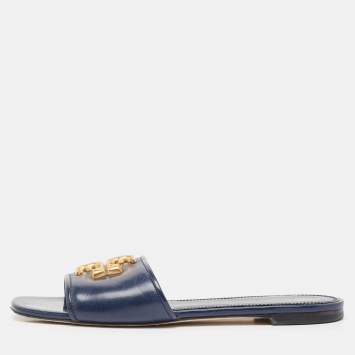 Pre Owned Tory Burch Navy Blue Leather eleanor Flat Sandals Size 37.5