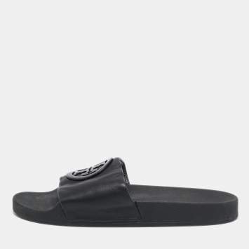 Pre Owned Tory Burch Black Leather Double T Flat Slides Size 39.5