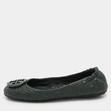 Pre Owned Tory Burch Green Leather Minnie Ballet Flats Size 38