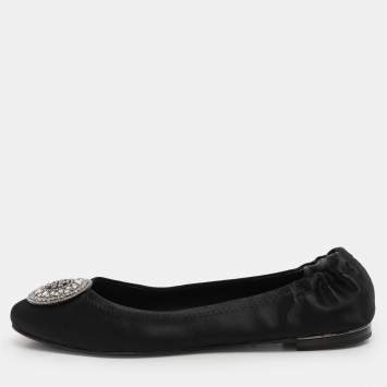 Pre Owned Tory Burch Black Satin Crystal Logo Embellished Ballet Flats Size 36.5